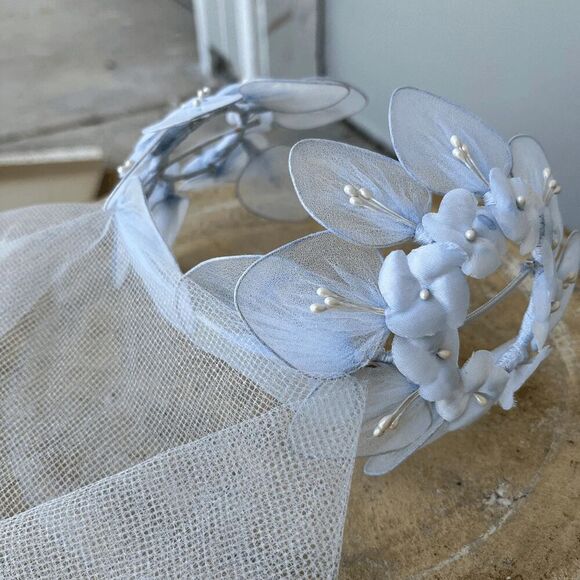Vintage Blue Floral Bridal Veil Headband - 60s Style Birdcage Veil